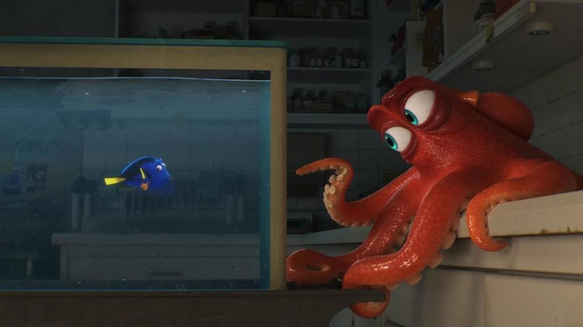 Dory, voice by Ellen DeGeneres with a cantankerous octopus named Hank, voiced by Ed O’Neill in “Finding Dory.”
