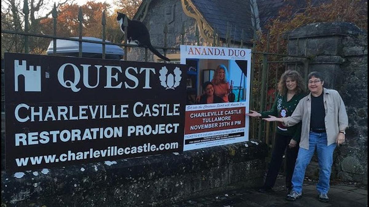 Laurie Neal, left, and PJ Brunson, also known as the Ananda Duo, outside the Irish castle where they recently performed. Brunson will be a Ledo’s Friday in Rock Hill