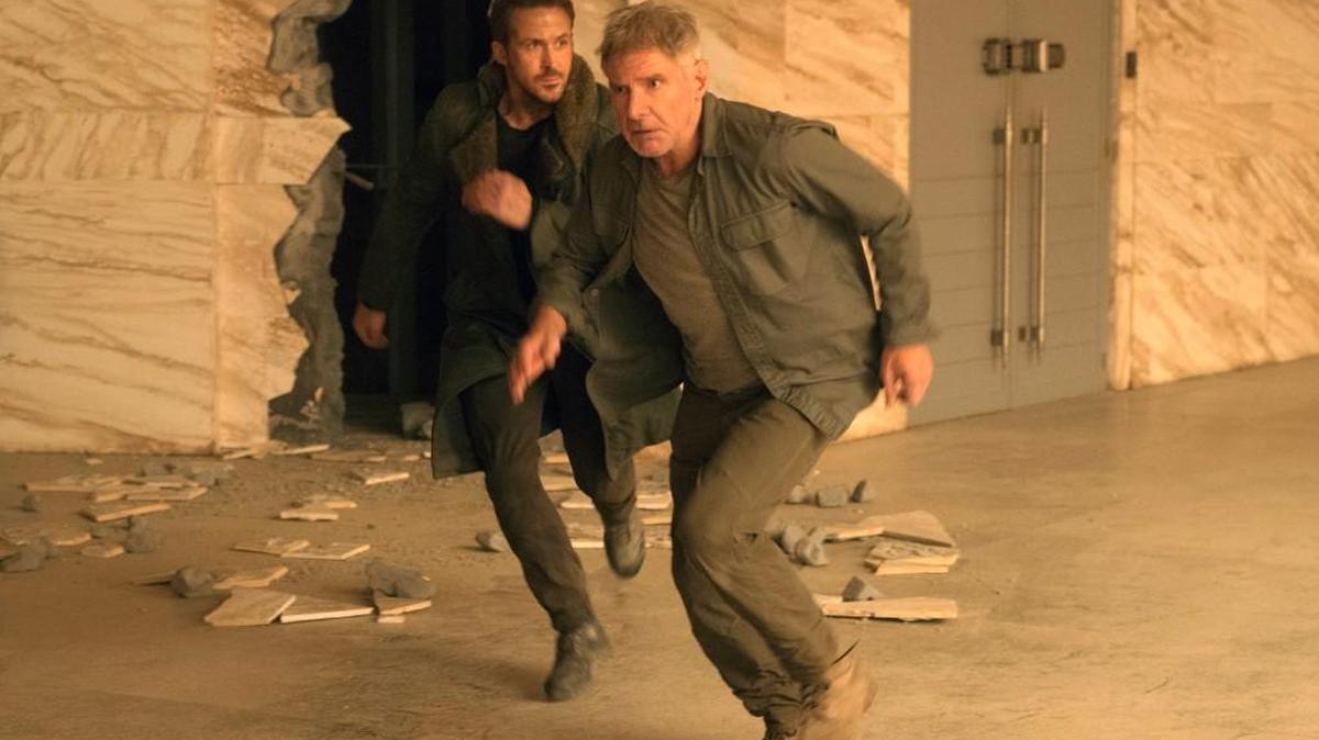 This image released by warner Bros. Pictures shows Ryan Gosling, left, and Harrison Ford in a scene from “Blade Runner 2049.”