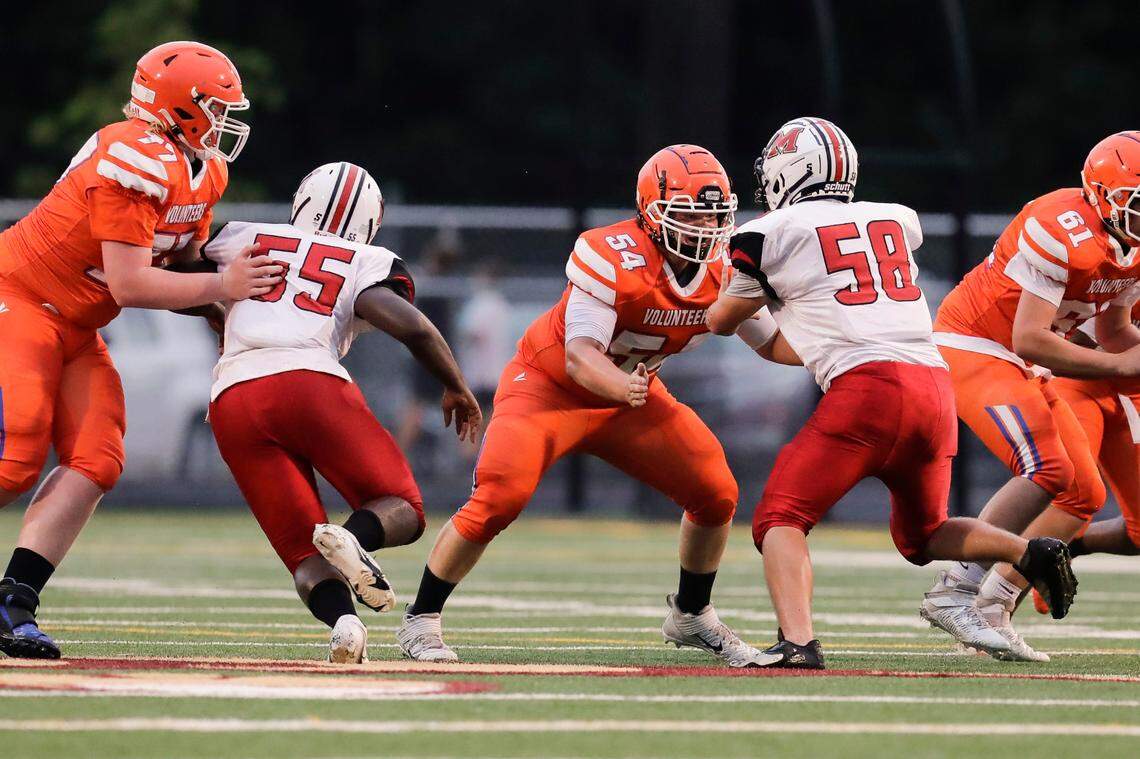 Wyatt Faulkenberry blocks for Andrew Jackson during the Founders Federal Credit Union Jamboree in Lancaster in 2021.