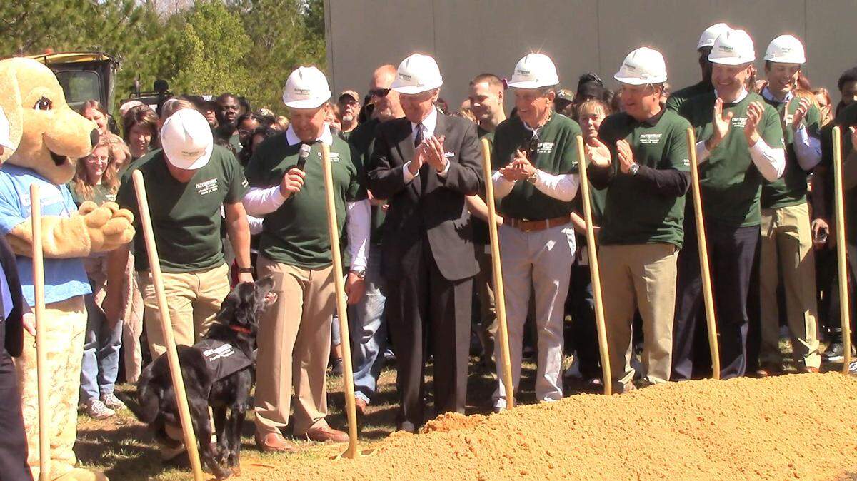 Tucker starts off groundbreaking Thursday at Nutramax Laboratories in Lancaster in 2019, an event attended by S.C. Gov. Henry McMaster, center.