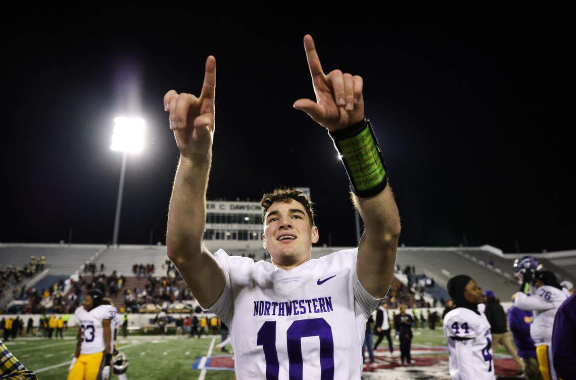 Finley Polk (10) of Northwestern celebrates following his team’s win over Irmo in the Class 5A-D2 football state championship game at Oliver Dawson Stadium in Orangeburg on Saturday, December 14, 2024.