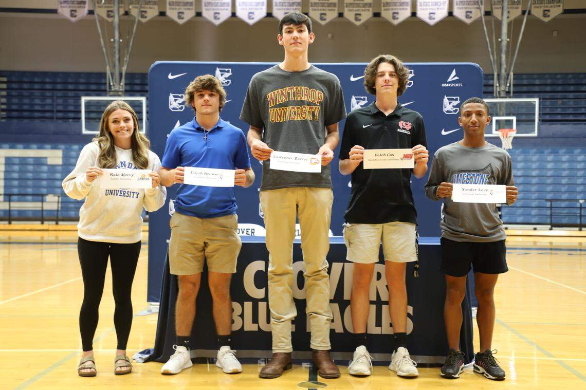 Clover had five sign at its November signing day. From left to right: Kaia Morey, Elijah Krause, Lawrence Bartee, Caleb Cox and Xander Love.