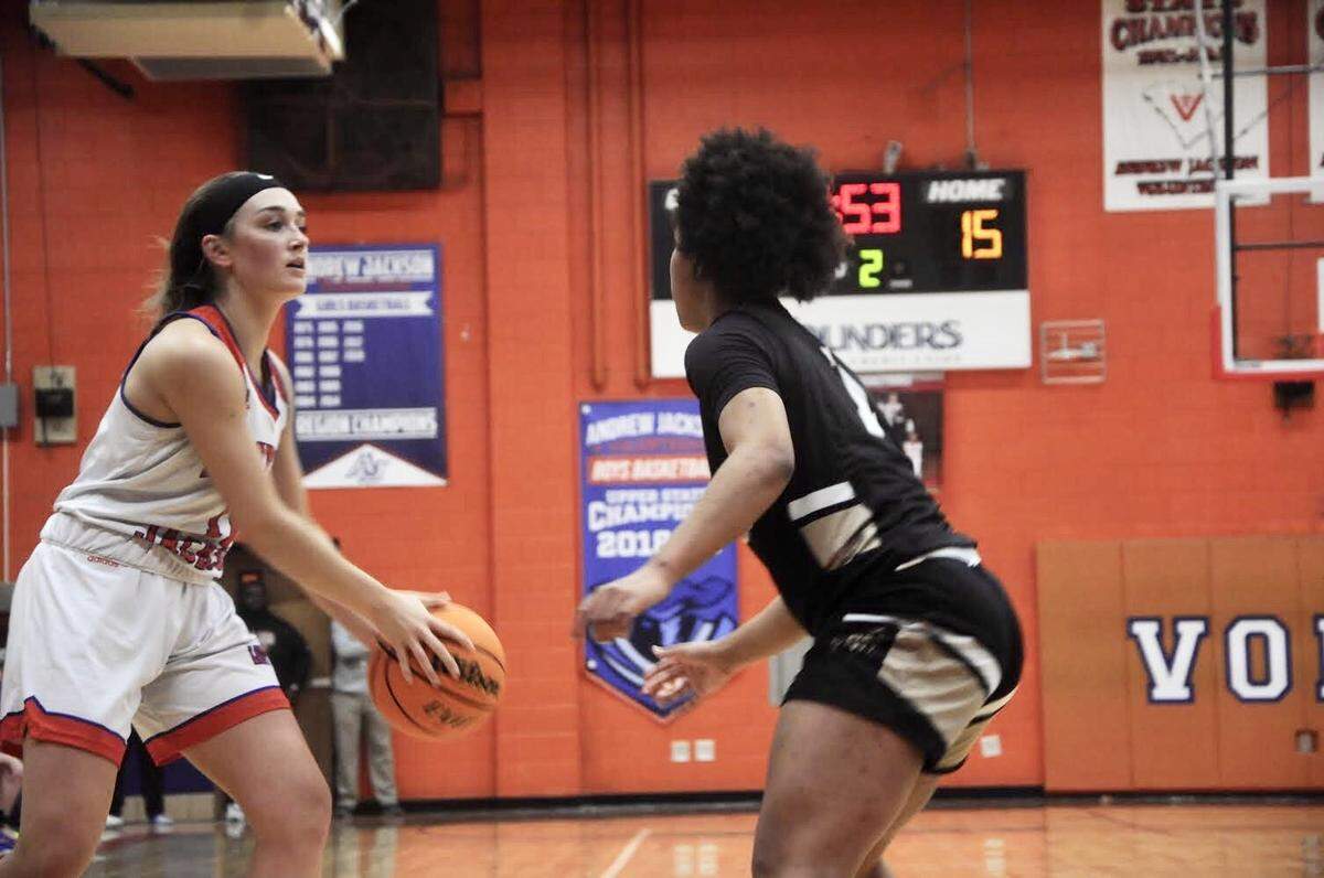 Caroline Wrenn surveys the offense in Andrew Jackson’s win over Blacksburg on Friday, Feb. 19, 2020, in the second round of the 2A state playoffs.