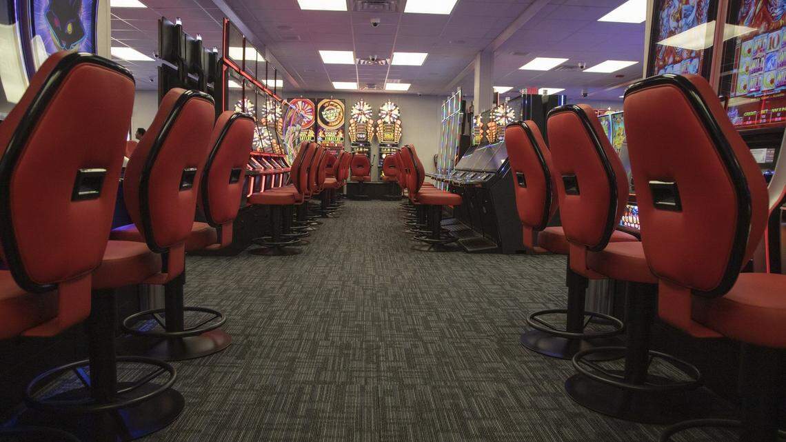 Aisle of machines at Catawba Two Kings Casino on Thursday, July 1, 2021.
