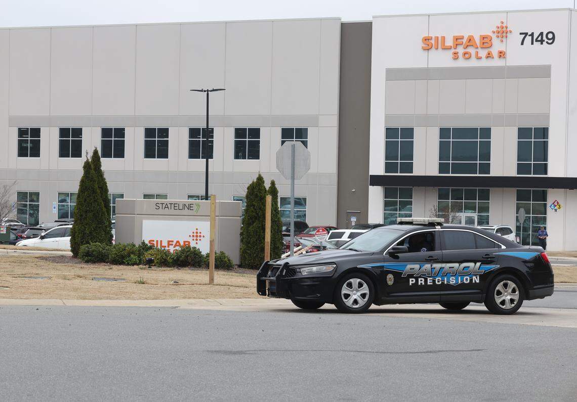 A security car sits out of Silfab Solar, which had its second chemical spill this week in Fort Mill, SC on Thursday, March 5, 2026.