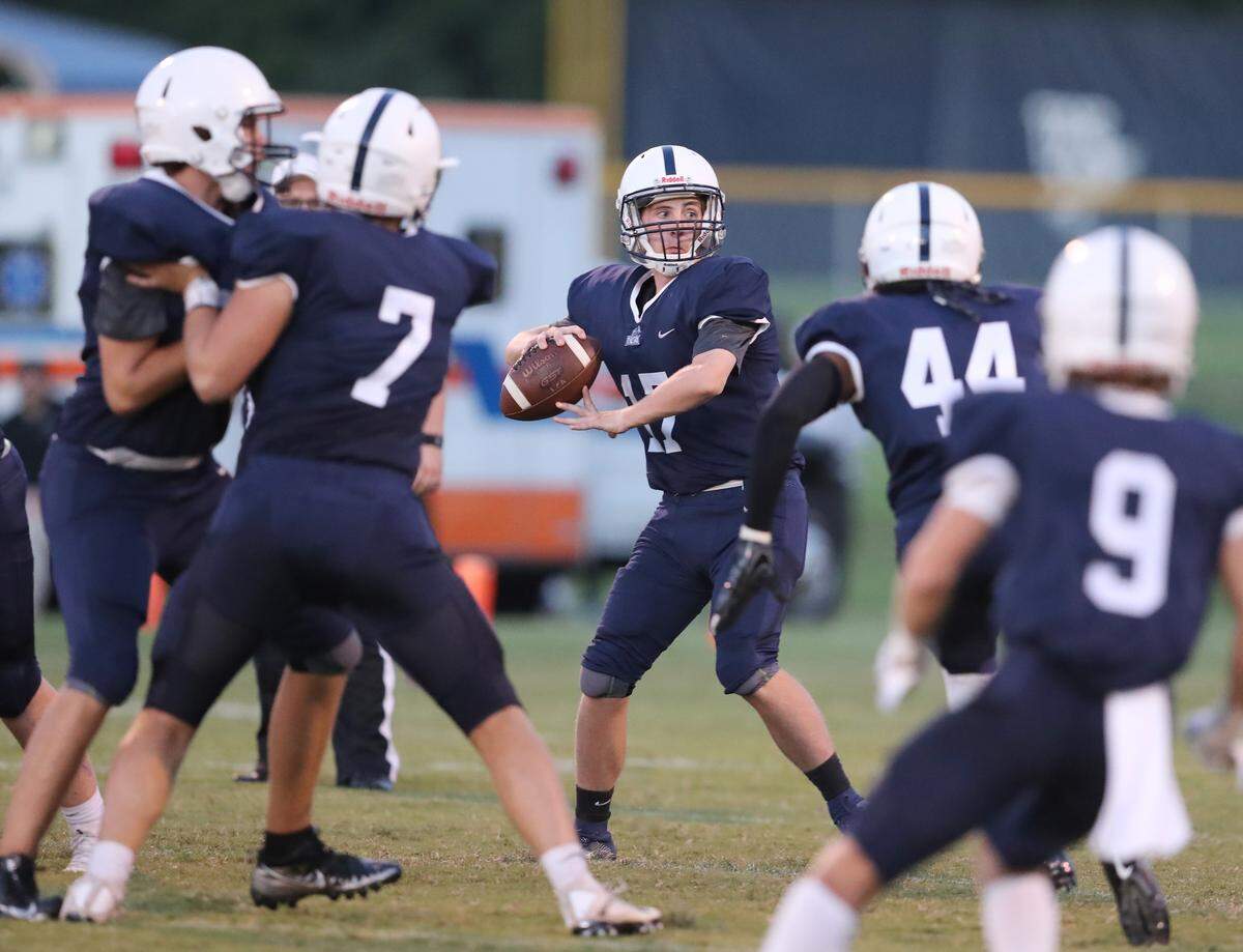 Legion Collegiate Academy held a scrimmage August 30, 2019 because their opponent did not show up for the game. Quarterback Joey Hylinski lookls to throw a pass. ANDY BURRISS-Special to The Herald