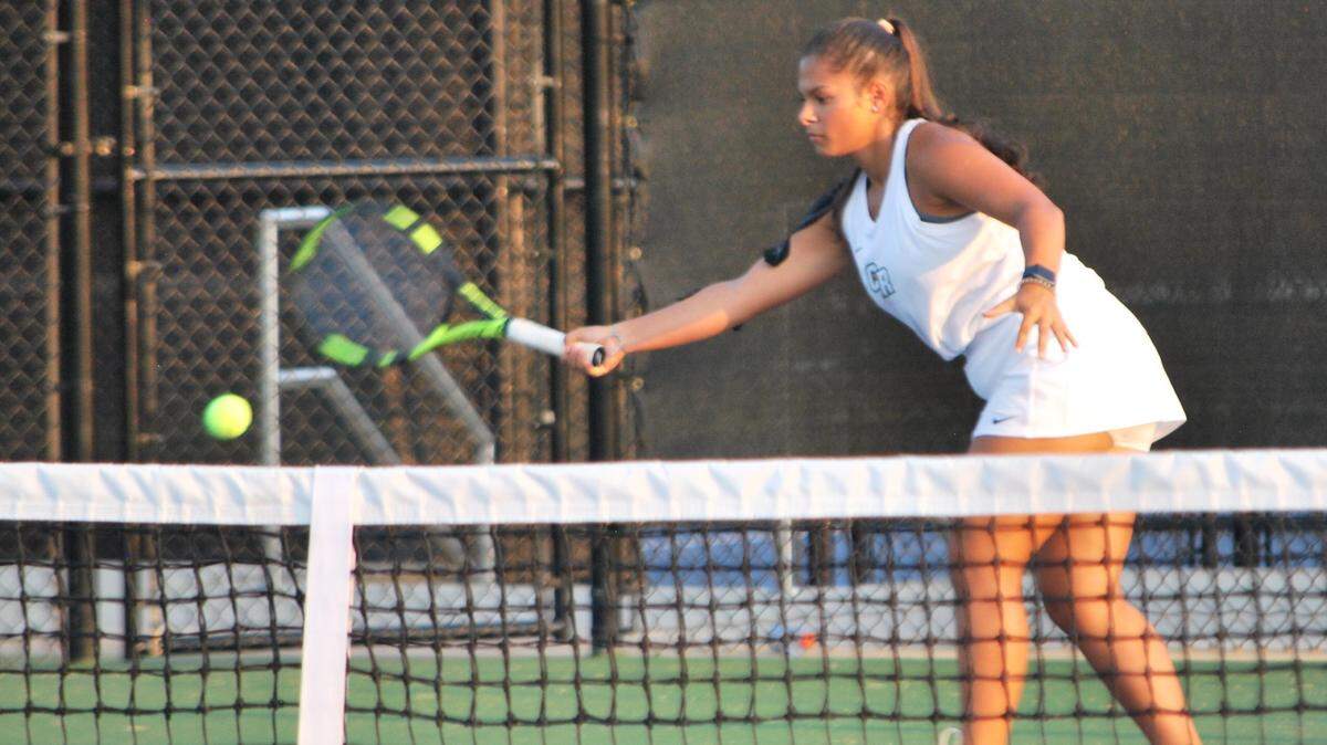 Catawba Ridge tennis player Sara Maleady returns a shot during her match against Chester.