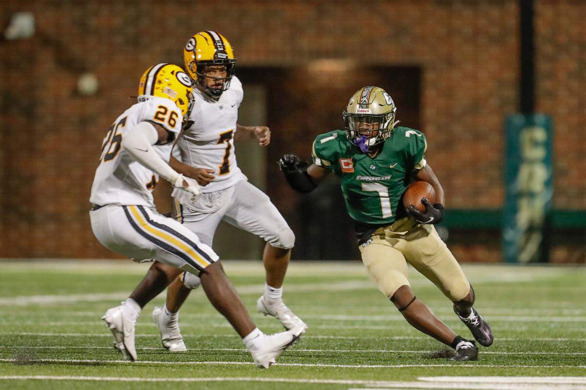 Catawba Ridge’s (7) Jacobie Henderson carries the ball as Catawba Ridge hosts Greenwood in Friday night football. 9-3-2021. The Copperheads travel to Greenwood in the playoffs to play the team for the second time this season.