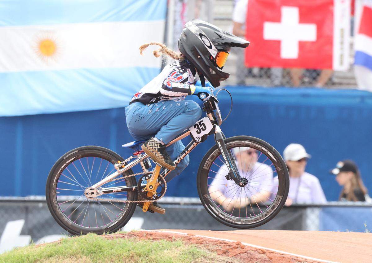 8-year-old Irelyn McGinley races in the BMX World Championships Monday in Rock Hill.