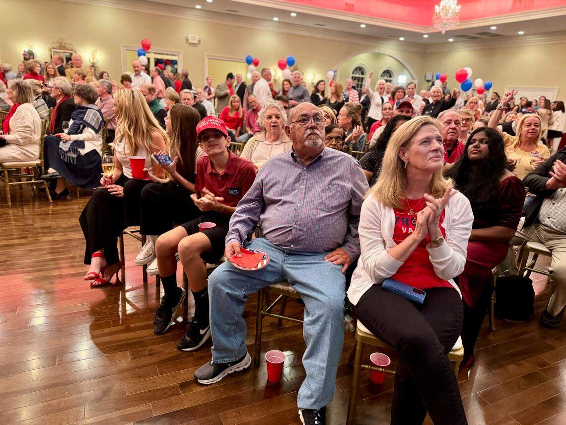 Crowd watching election results in the Magnolia Room in Rock Hill, SC Tuesday night, Nov. 5, 2024.