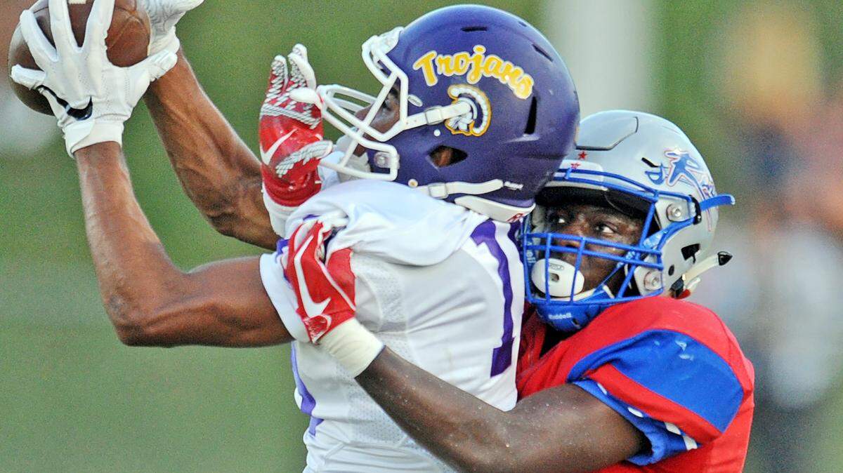 Byrnes’ Jordan Starkes (3) defends against Northwestern’s Gregory Bivens. Northwestern played Byrnes in high school football at Byrnes High School’s Nixon Field on August 24, 2018. 
[GWINN DAVIS / for the Spartanburg Herald-Journal]