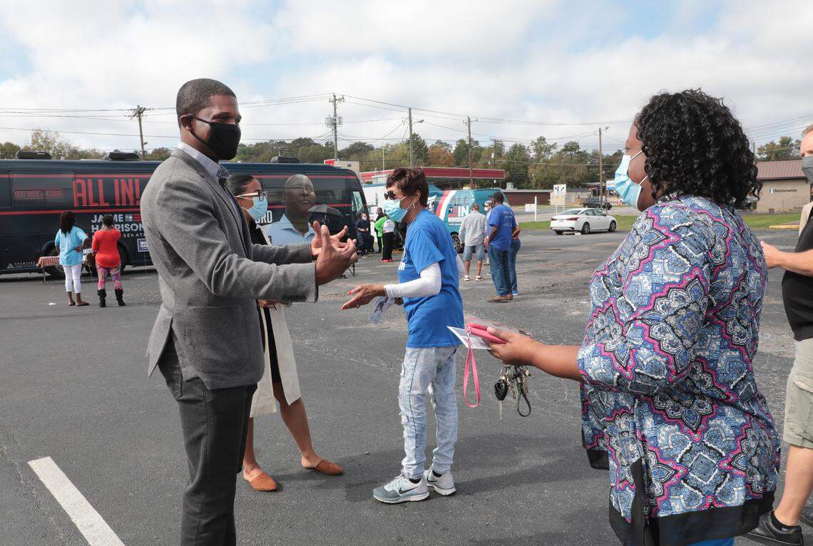 Moe Brown, Democratic candidate for U.S. Congress, talks to Dequitta Kennedy during a campaign stop Tuesday in Chester. Brown is facing Republican Congressman Ralph Norman for the S.C. District 5 seat.