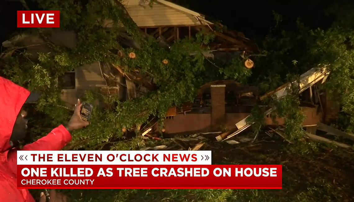 A 78-year-old woman was killed Thursday, May 26, when high winds sent a tree crashed into a home near Gaffney during a thunderstorm, according to Cherokee County Coroner Dennis Fowler.