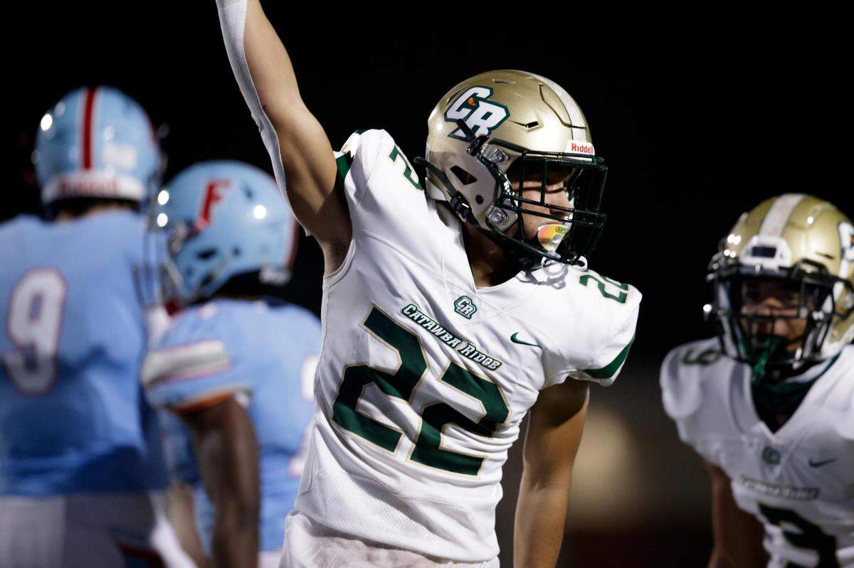 Catawba Ridge’s #22 Jaxen Anciso celebrates a fumble recovery in the first half of play as AC Flora hosts Catawba Ridge in a semifinal matchup of the 2020 SCHSL Football State Championships. 11-27-2020.