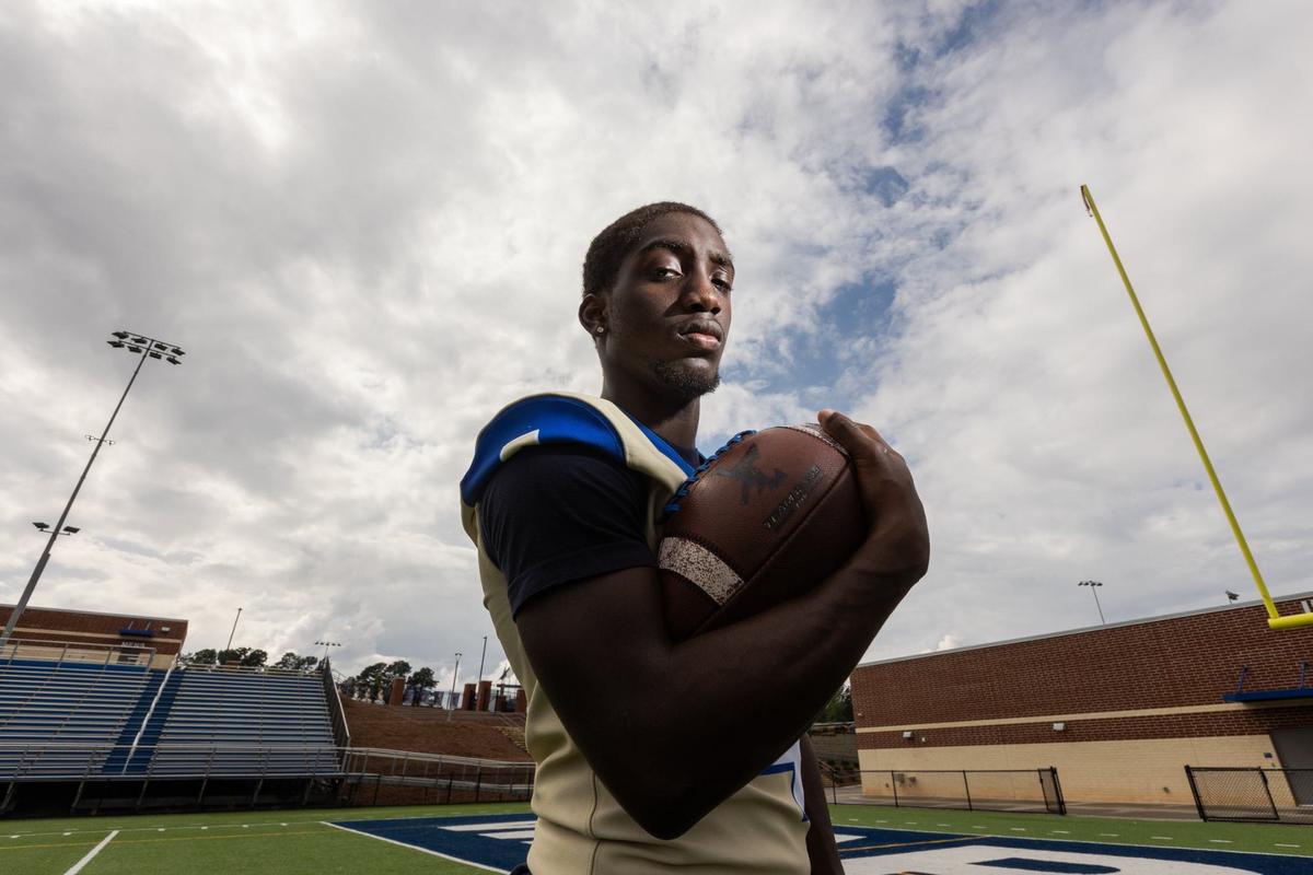 INDIAN LAKE, SC - SEPTEMBER 18: Indian Land High School running back Jamal Horton poses for a portrait at the football stadium in Indian Lake, SC on September 18, 2024.