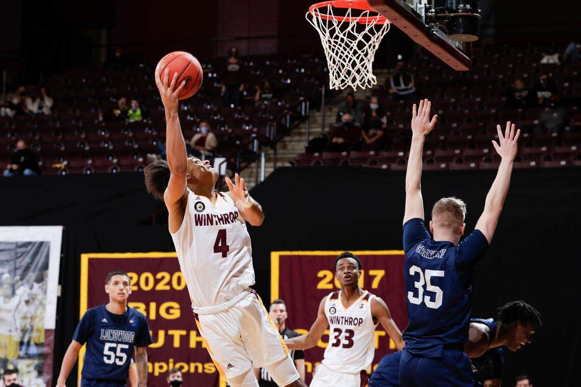 Winthrop’s #4 Kelton Talford puts up a shot in the second half as Winthrop takes on Longwood in Big South conference men’s basketball at Winthrop Coliseum on Thursday, January 14, 2021 in Rock Hill, South Carolina.