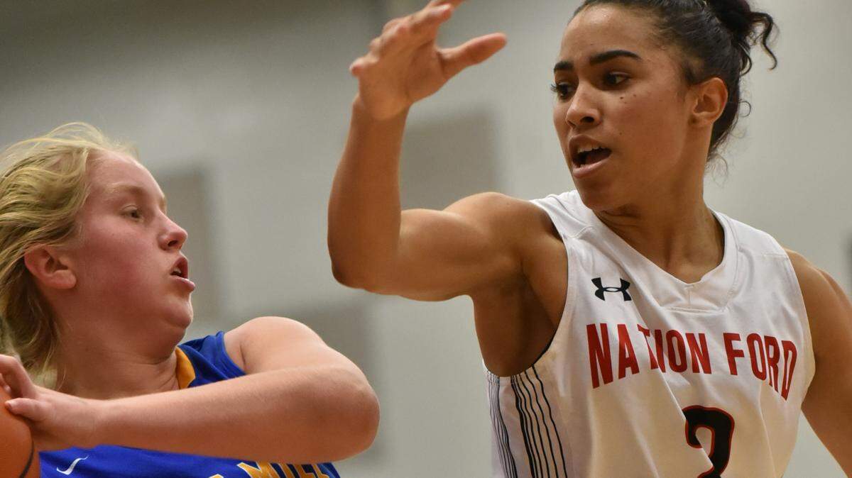 Nation Ford senior Ellona Moulds, right, guards Fort Mill junior Isabella Giarrizzi.