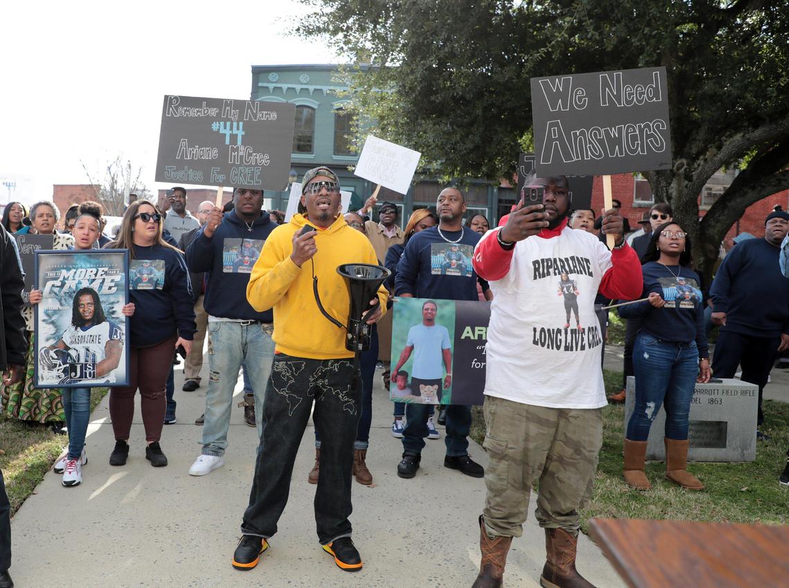 Dozens of demonstrators gather at the Chester County Courthouse Monday after lawyers filed a wrongful death lawsuit for the death of Ariane McCree, 28. McCree was fatally shot by police in November outside a Walmart in Chester, South Carolina.