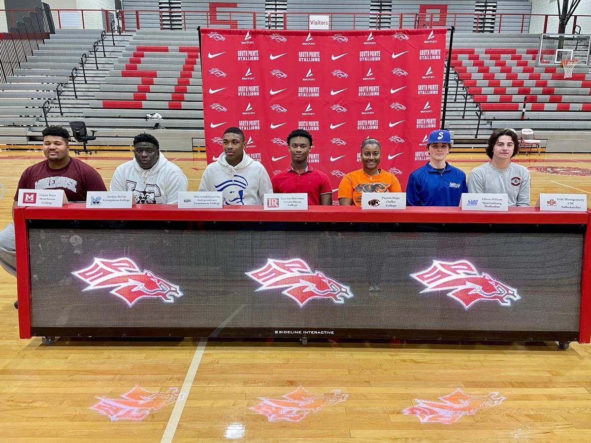 South Pointe celebrated nine athletes who signed NLIs on Wednesday. The seven pictured (from left to right): Logan Daye, Jordan McVay, Waymond Jenerette, Zay McCrorey, Payton Hope, Ethan Wilson, Cole Montgomery.