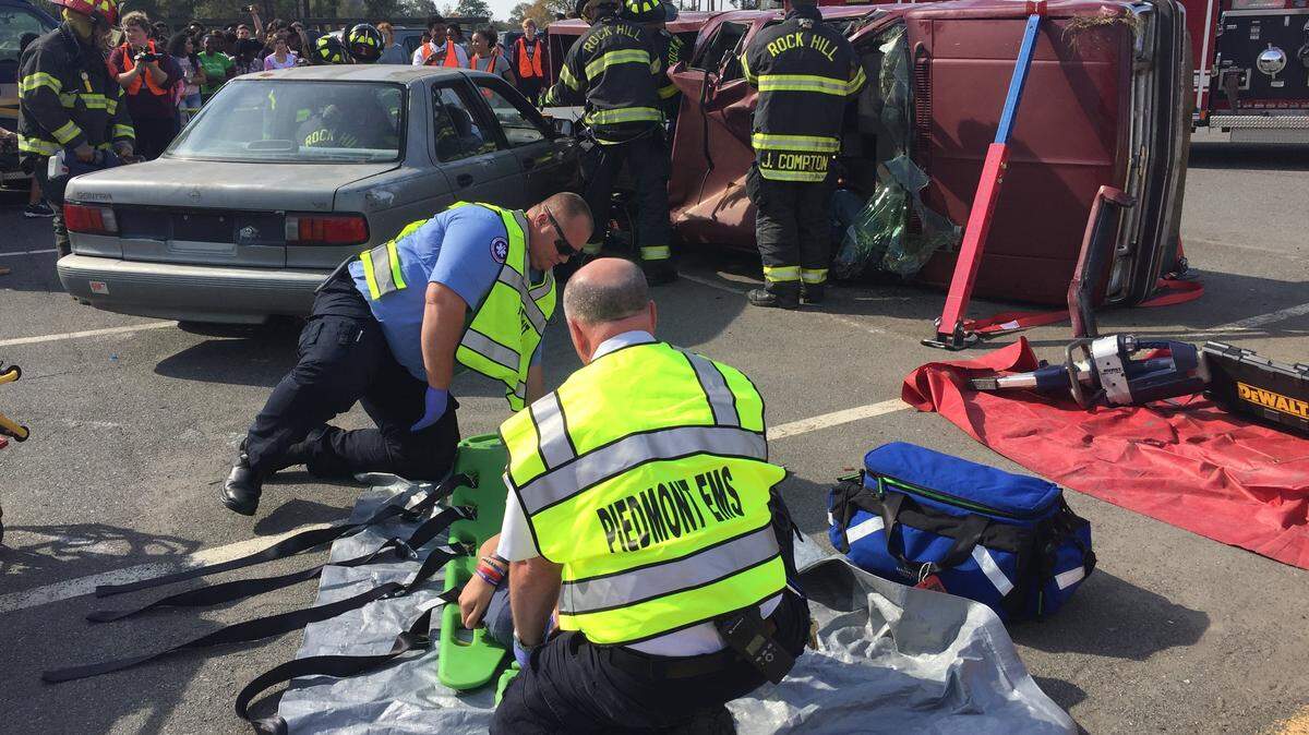 Personnel from the Rock Hill Fire Department, Piedmont EMS, Carolinas Medical Center, Rock Hill Police and the York County Coroner’s Office participated a mock accident on the Applied Technology Center campus in Rock Hill in 2016. As part of National HOSA-Future Health Professions Week, the drill was staged to introduce students to the seriousness of distracted and drunken-driving accidents in York County. Students also had an opportunity to talk with emergency personnel to learn more about their jobs and training.