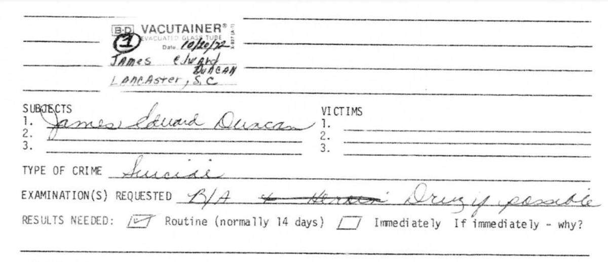After Jim Duncan’s death, Lancaster police asked the State Law Enforcement Division (SLED) to conduct several tests, including a blood alcohol examination to see if Duncan was drunk at the time of his death.