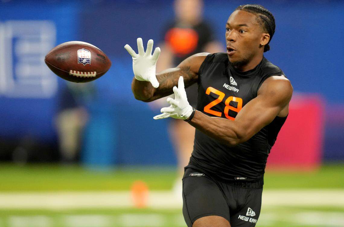 Virginia Tech wideout Jaylin Lane (WO28) during the 2025 NFL Combine at Lucas Oil Stadium.