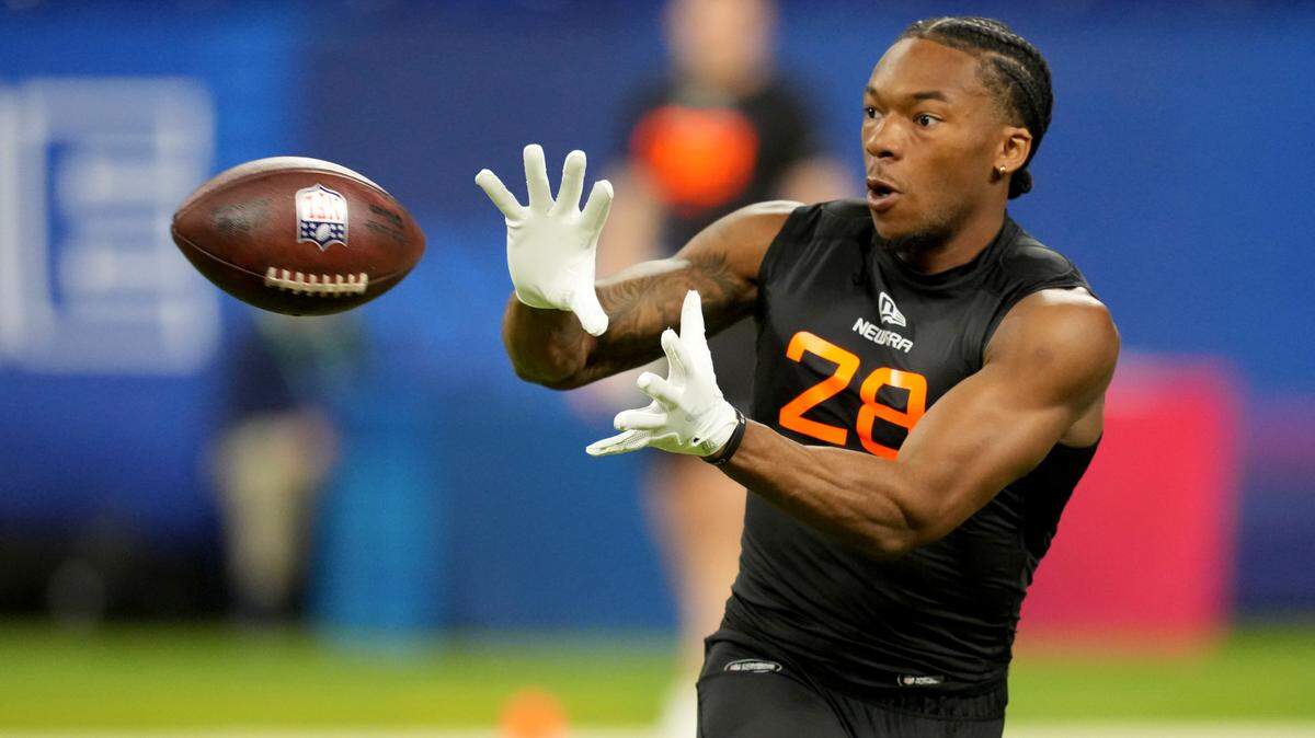 Virginia Tech wideout Jaylin Lane during the 2025 NFL Combine at Lucas Oil Stadium in Indianapolis. Kirby Lee-Imagn Images