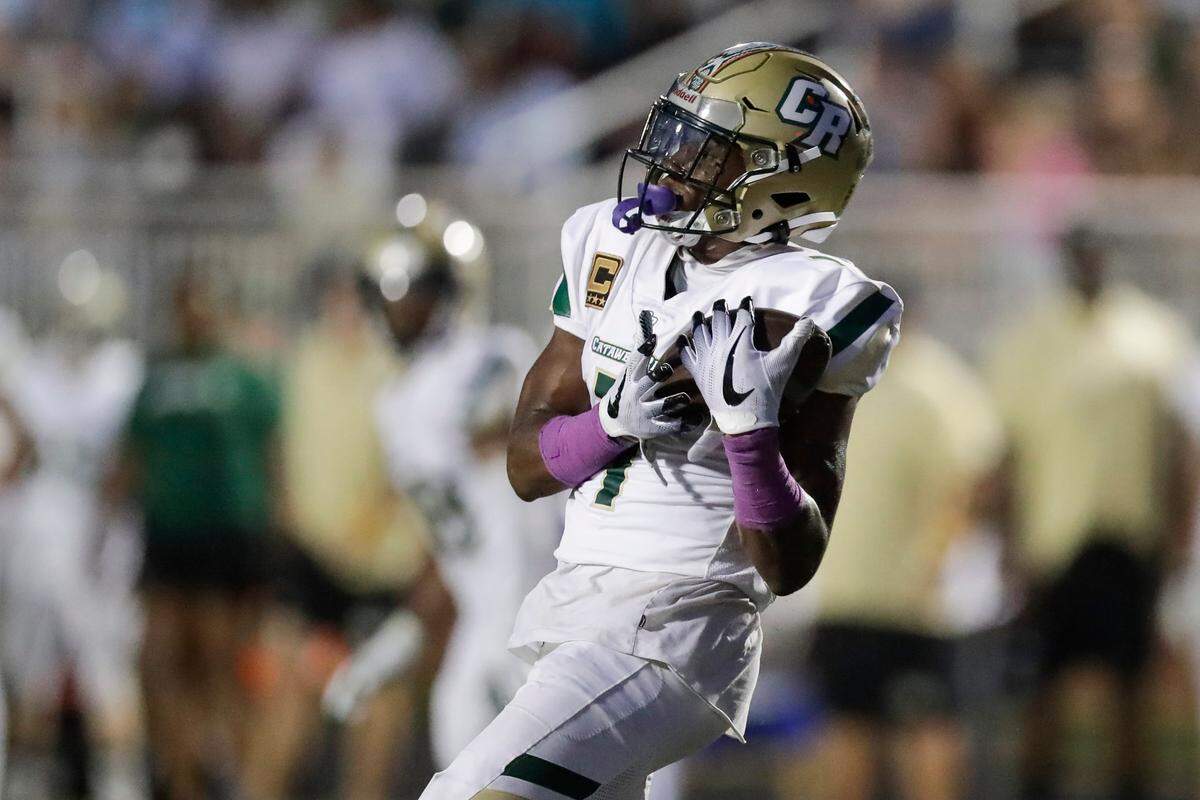Catawba Ridge’s (7) Jacobie Henderson handles the kick off as Nation Ford hosts Catawba Ridge in a Friday night cross town football rivalry, 8-27-2021.
