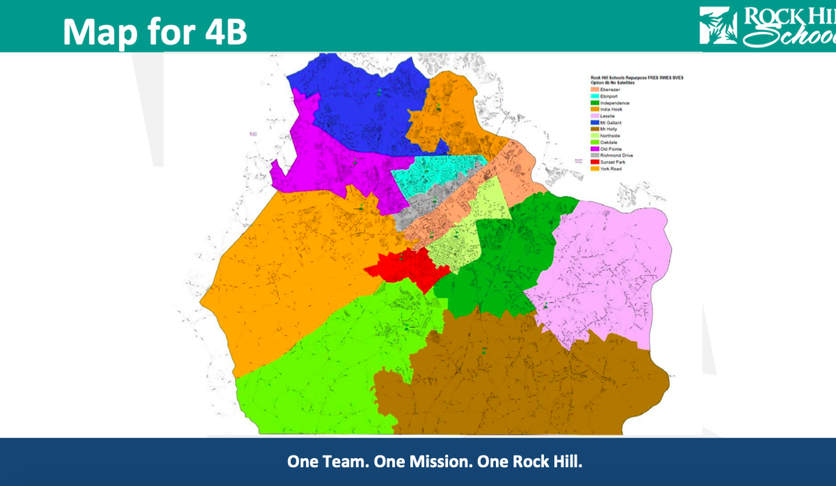 Screengrab from Rock Hill School District presentation. A map of rezoning plan 4B.