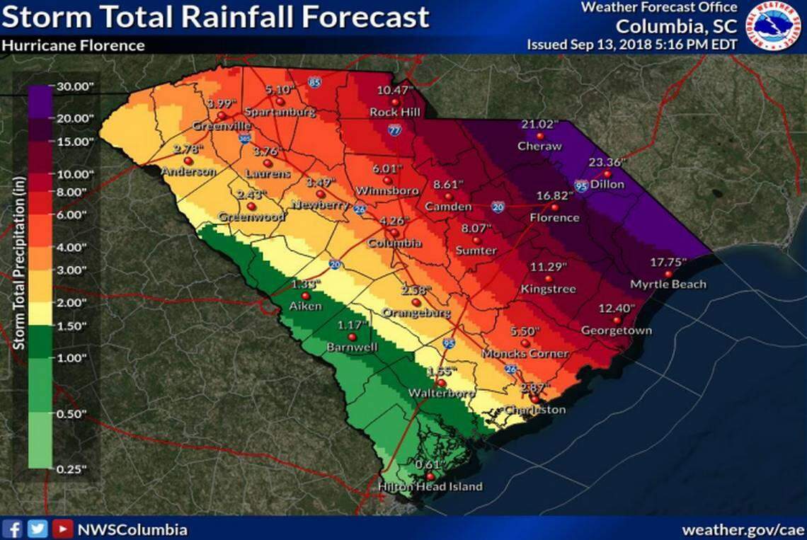 Rainfall projections late Thursday from the National Weather Service in Columbia.