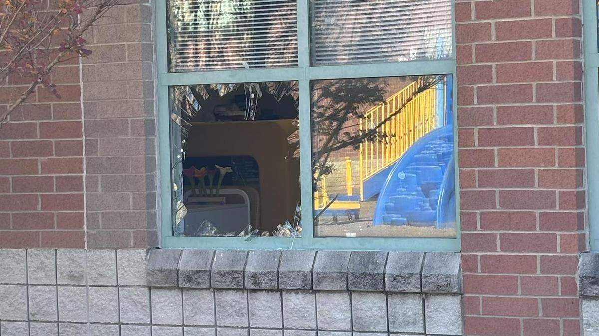 The window a suspect broke at a Chester County, South Carolina school Friday. The suspect kidnapped a child inside before he was caught outside the school after leaving with the child through the window, Chester County Sheriff Max Dorsey said. The child has minor injuries, Dorsey said.