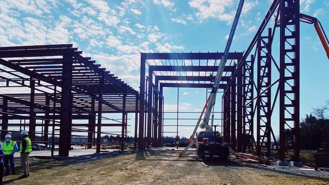 Thursday, construction workers erected the last piece of steel for a 20,000 square foot facility at the Chester Research & Development Park. The structure is the framework for a new development owned by Chart Industries.