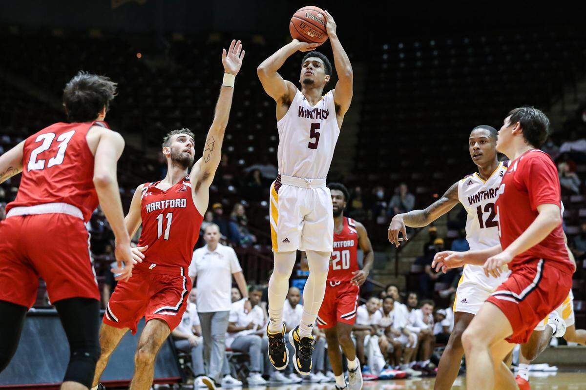 Pat Good rises up for a shot in Winthrop’s home win over Hartford in the Eagles’ non-conference slate of 2021-22.