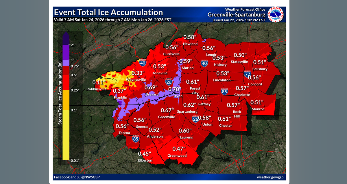 Rock Hill could get more than a half an inch of ice between 7 a.m. Saturday and 7 a.m. Monday, the National Weather Service says.