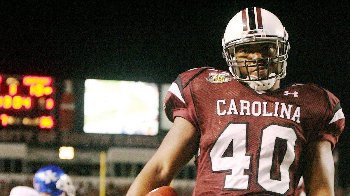 South Carolina defensive end Eric Norwood, pulls down an interception and runs for a touchdown against.