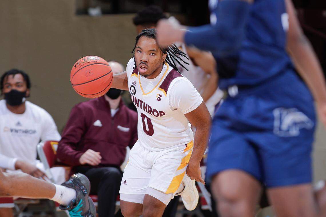 Winthrop’s #0 Russell Jones brings the ball down court in first half action as Winthrop takes on Longwood in Big South conference men’s basketball at Winthrop Coliseum on Thursday, January 14, 2021 in Rock Hill, South Carolina.