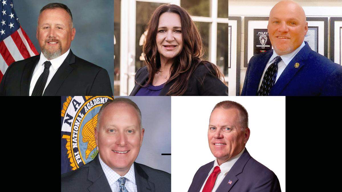York County sheriff candidates. top row, left to right: Heath Clevenger, Beth Bryant Tolson, Chris Blevins. Bottom row, left to right: Michael Belk and Tony Breeden