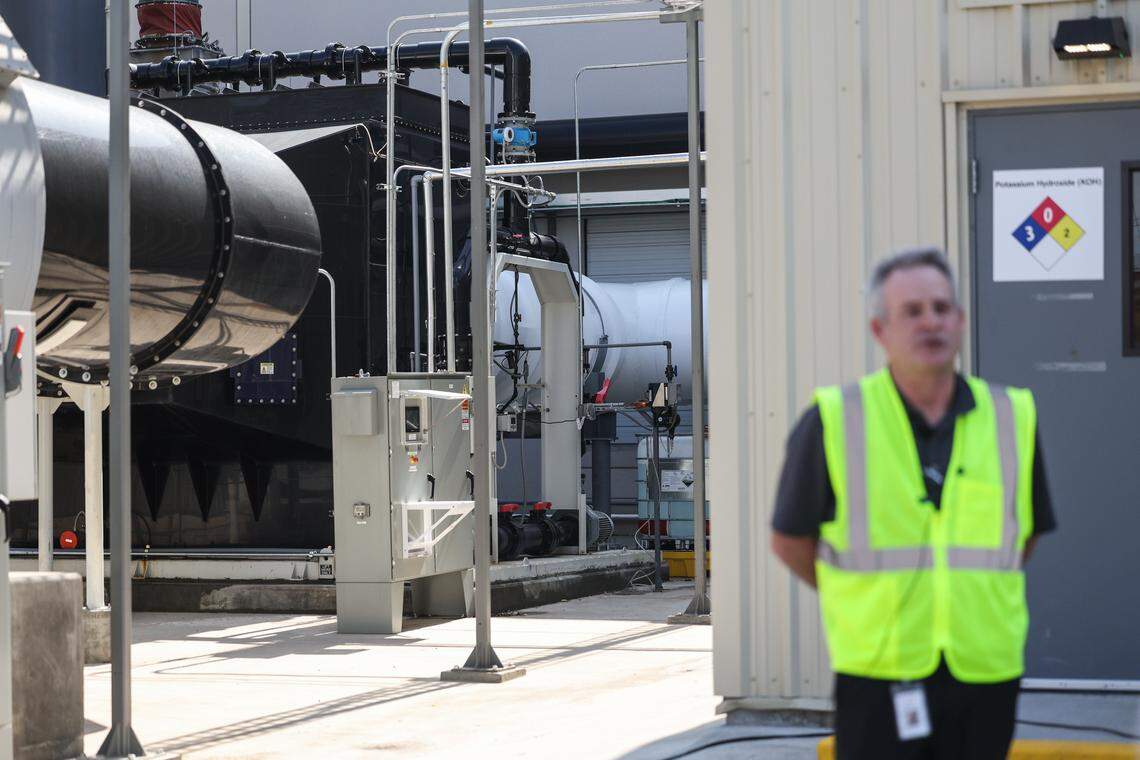 On Tuesday, a wet essex scrubber, the black structure to the left, accidentally released 300 gallons of water containing small amount of potassium hydroxide at Silfab Solar in Fort Mill. 