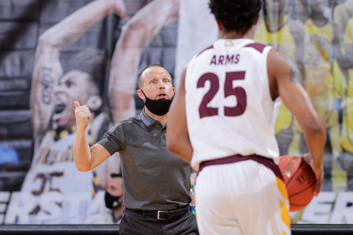 Coach Pat Kelsey gives instruction in second half play as Winthrop takes on Longwood in Big South conference men’s basketball at Winthrop Coliseum on Thursday, January 14, 2021 in Rock Hill, South Carolina.