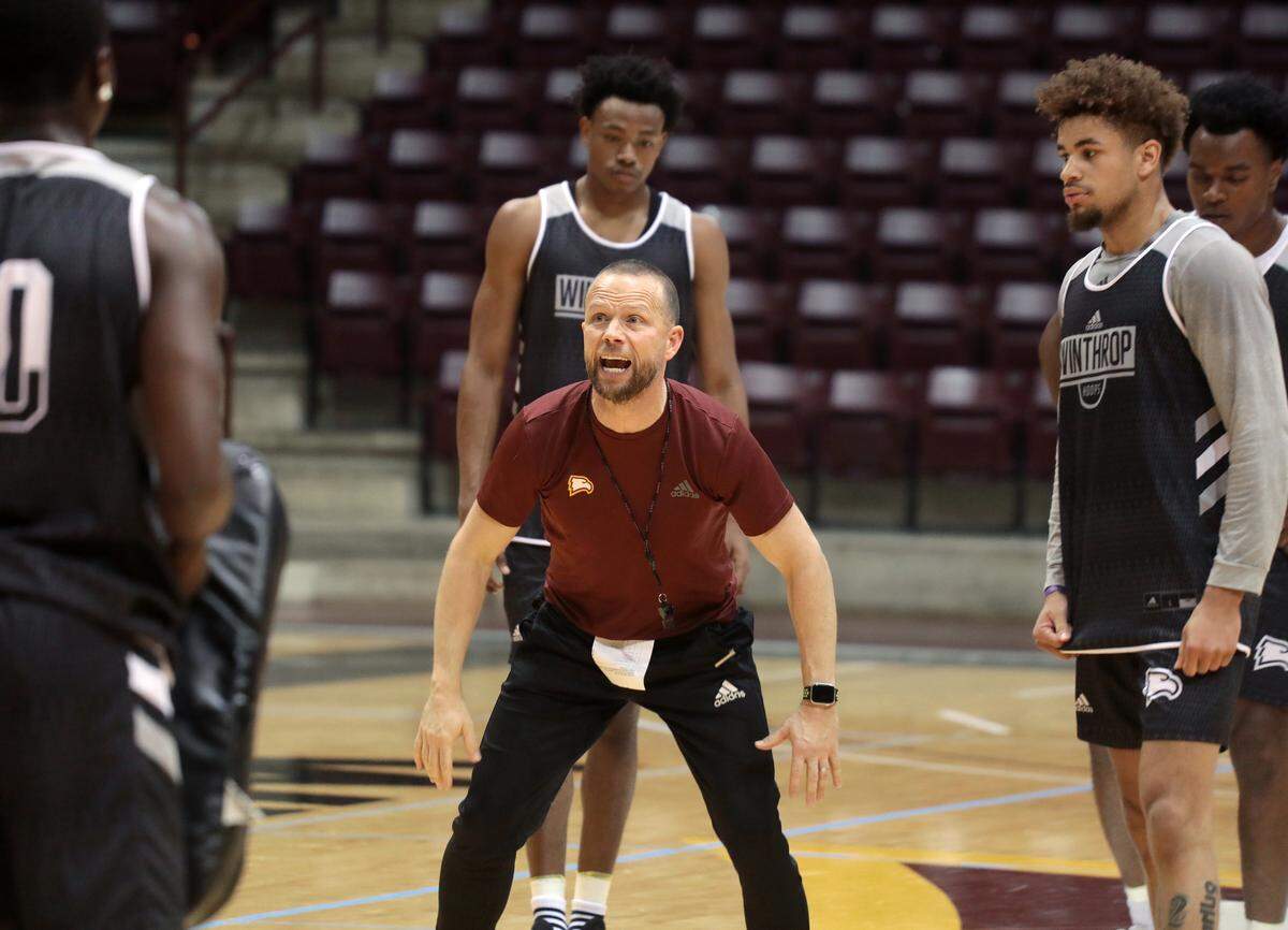 Winthrop University men’s basketball coach Pat Kelsey holds practice Thursday at the Winthrop Coliseum.