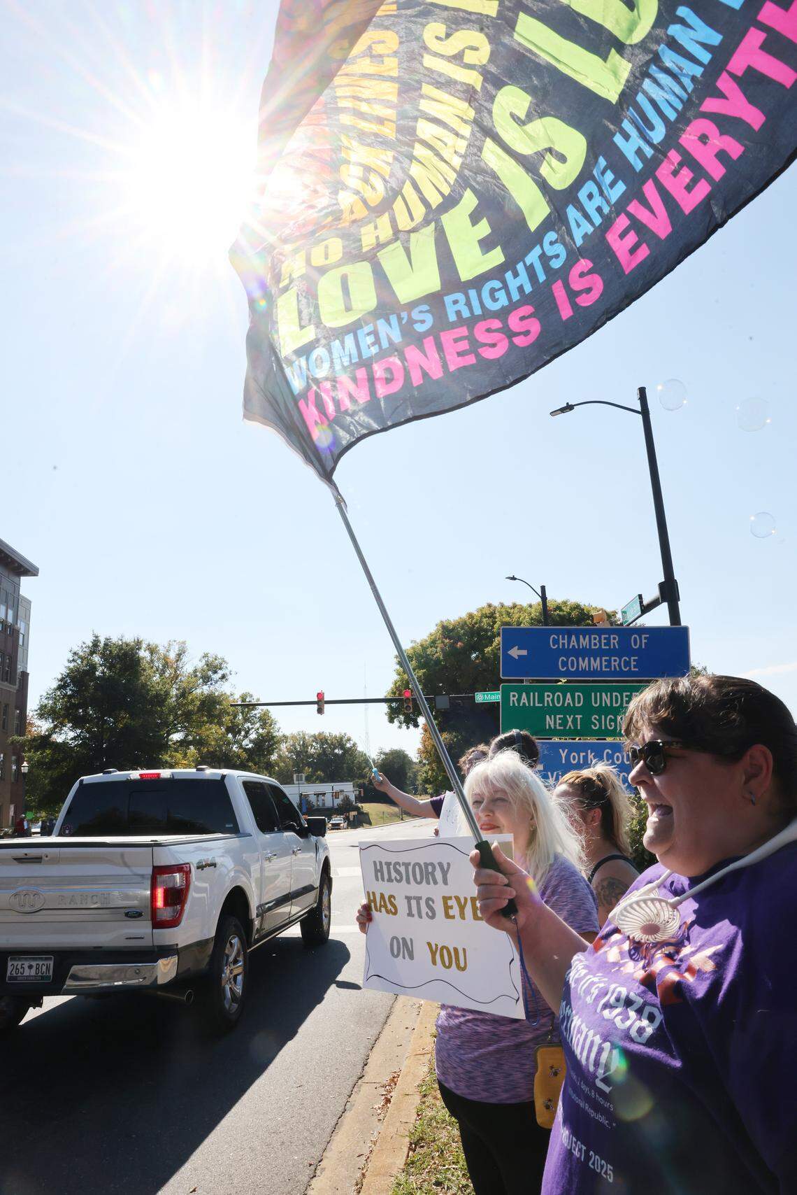 Protesters line Dave Lyle Boulevard Saturday for the ‘No Kings’ rally in Rock Hill.
