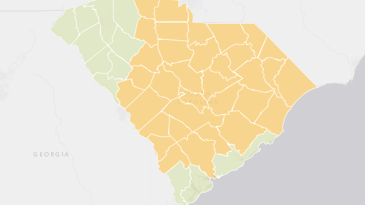 A map of the current drought status of SC counties. Yellow shows counties in low-level drought.
