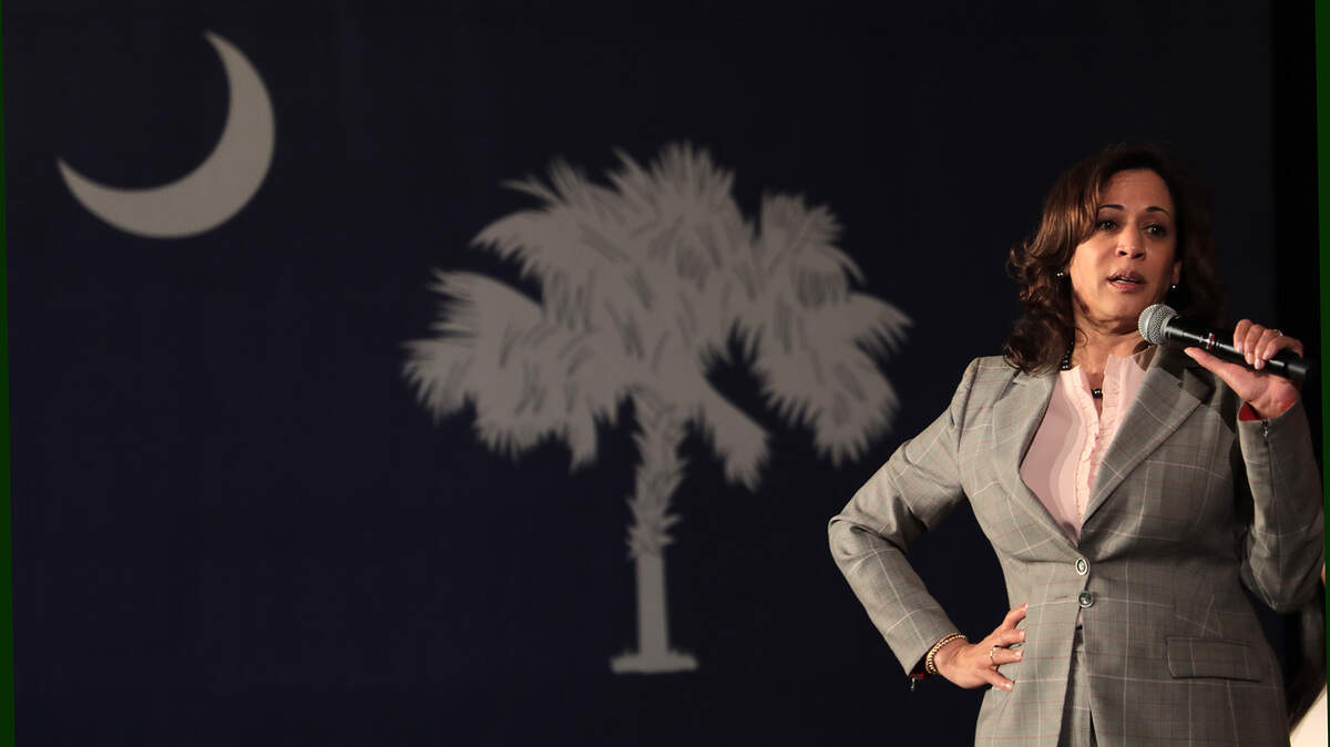 U.S. presidential hopeful Kamala Harris talks to a large crowd at Winthrop University Friday in Rock Hill.