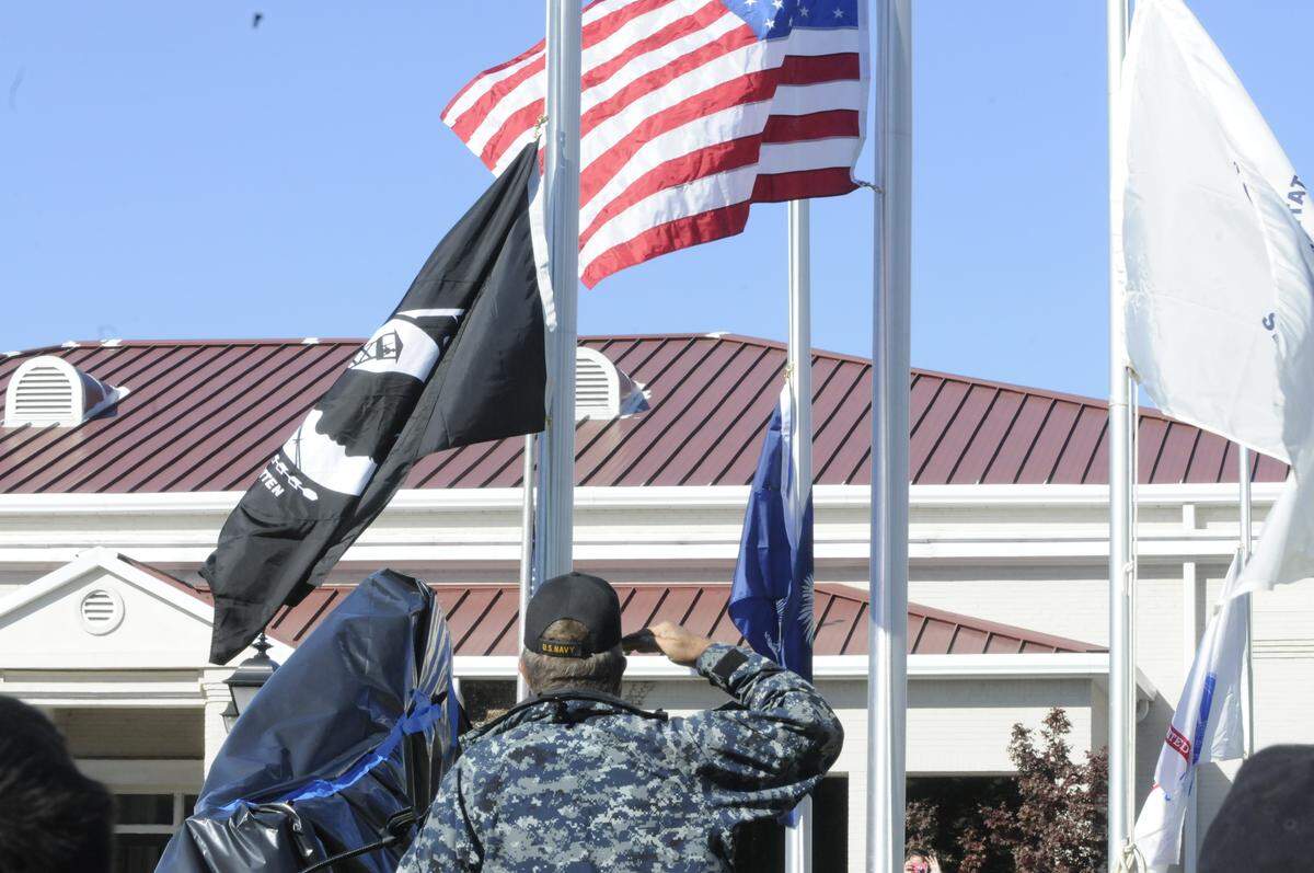 Some of the American flags set up in York for Purple Heart Day at a veterans park in downtown were reported stolen. A new York County Veterans Memorial monument was unveiled two year’s ago in this file photo.