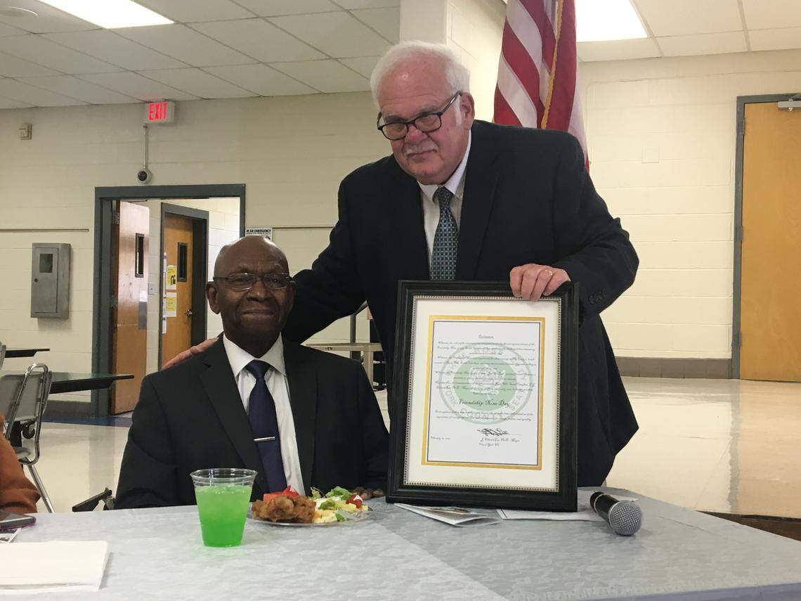 Former York Mayor Eddie Lee, right, is shown in a 2019 file photo with Willie T. “Dub” Massey on what was declared Friendship Nine Day. Lee, also a history professor at Winthrop, will give a Juneteenth lecture this weekend for the fourth year.