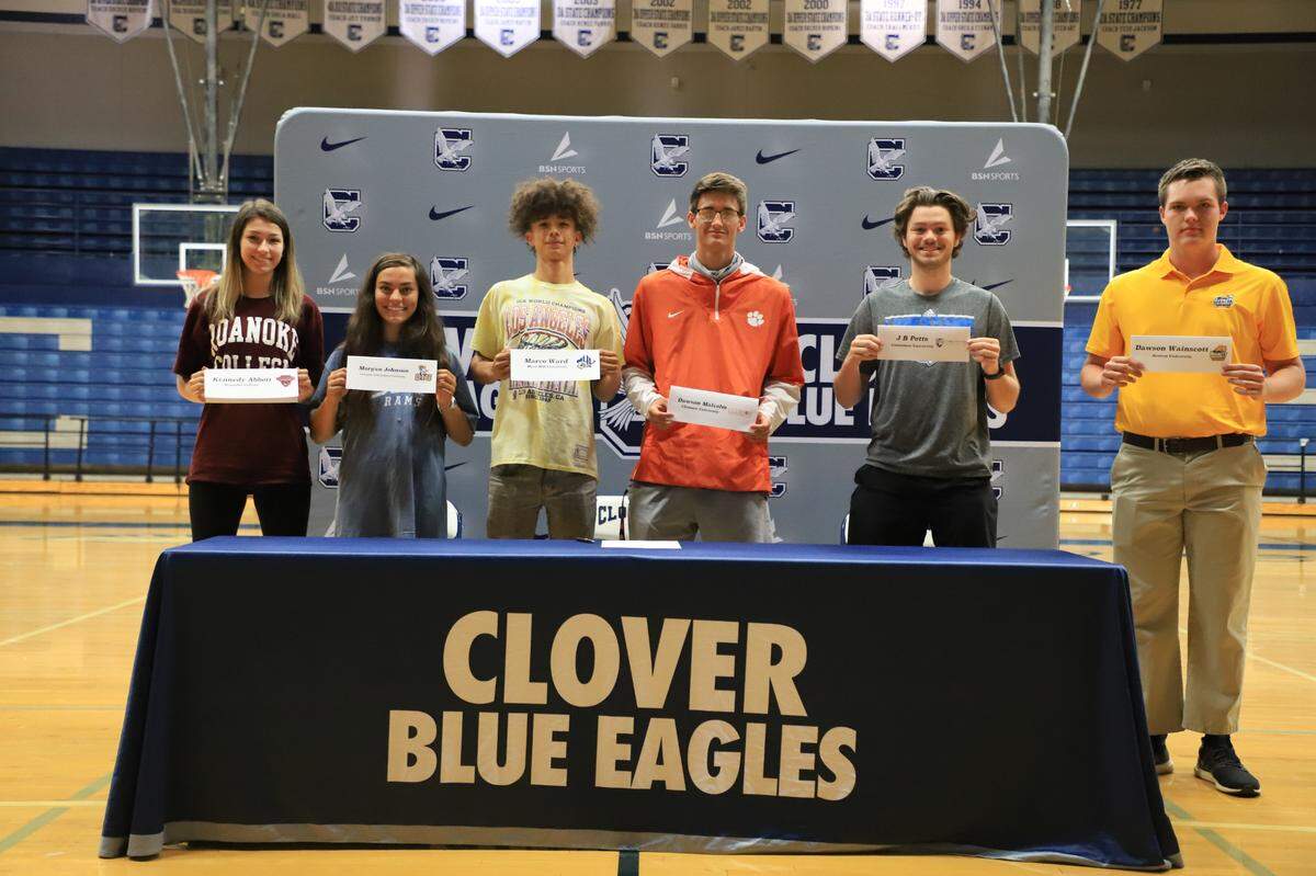 Six Clover athletes, pictured, signed National Letters of Intent in the spring of 2021.