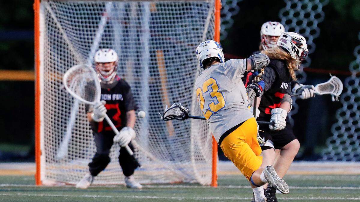 Fort Mill’s #23 Zach Terry scores a goal in the second half as Fort Mill Hosts Nation Ford in boys varsity lacrosse quarterfinal playoff action, 4-18-2019.