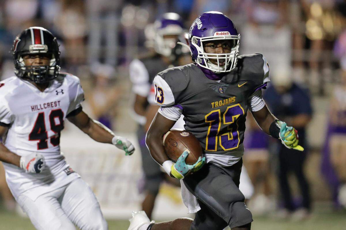 Northwestern’s #13 Christian Watkins breaks free for extra yards as Northwestern hosts Hillcrest in first round action of the State 5A football playoffs. 11-13-2020.