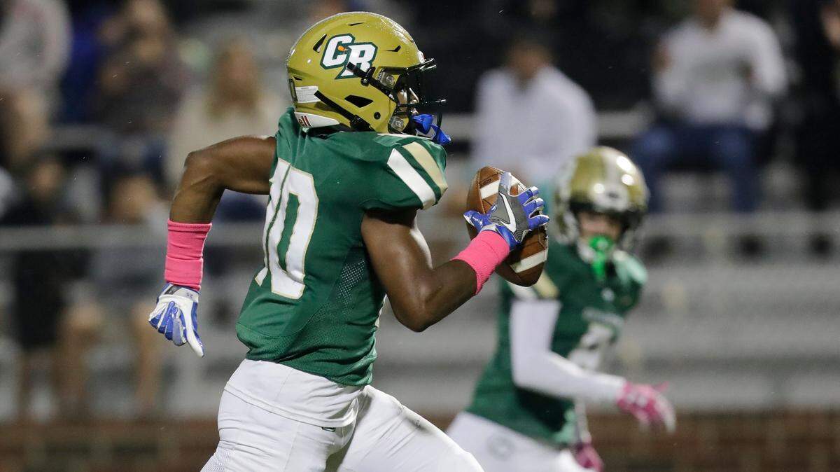 Catawba Ridge’s #10 Jacobie Henderson breaks the long play for a second Copperheads touchdown in first half play as Catawba Ridge hosts Lancaster in Friday night varsity football. 10-9-2020.